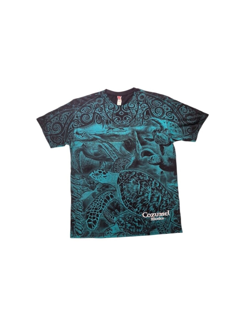 Cozumel Mexico Sea Turtle Graphic T Shirt Teal Black Y2K Souvenir XL